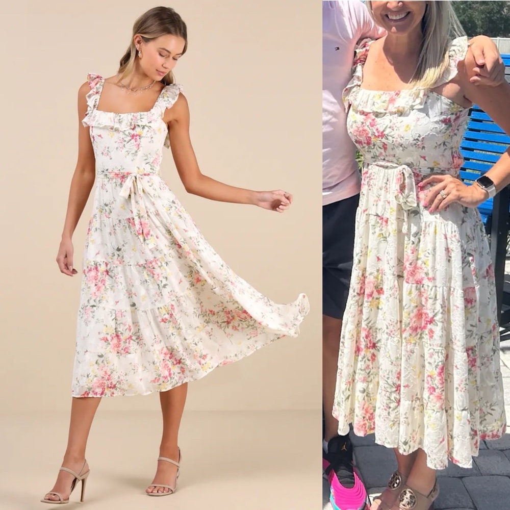 Lulus Shela Cottagecore Fairycore Ivory Floral Jacquard Tiered Midi Dress NEW - Picture 3 of 7